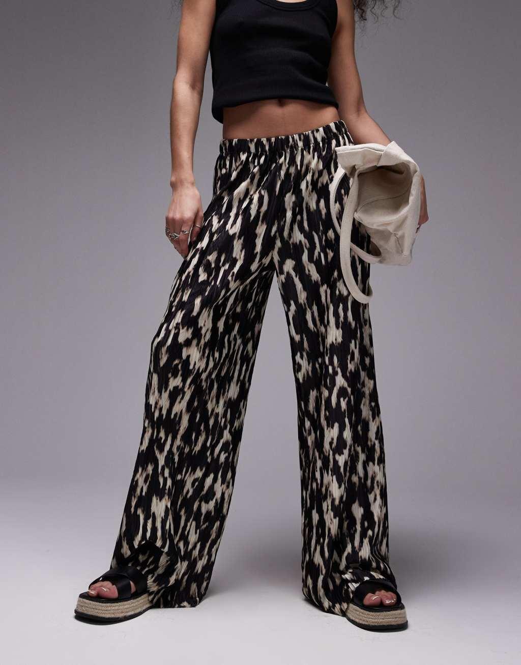 Topshop abstract leopard print plisse pants in black and white Product Image