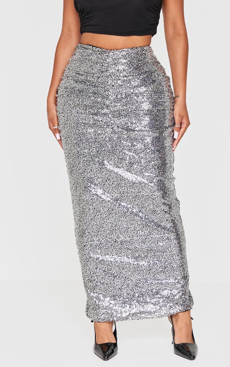 Shape Silver Sequin Ruched V Front Maxi Skirt Product Image