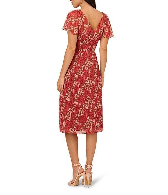 Adrianna Papell Crew Neck Flutter Sleeve Floral Print Crinkle Chiffon Midi Dress Product Image