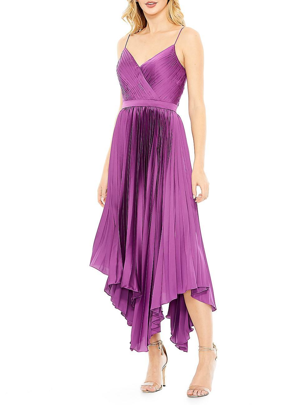 Mac Duggal Satin Surplice V-Neck Sleeveless Flowy Pleated Midi Dress Product Image