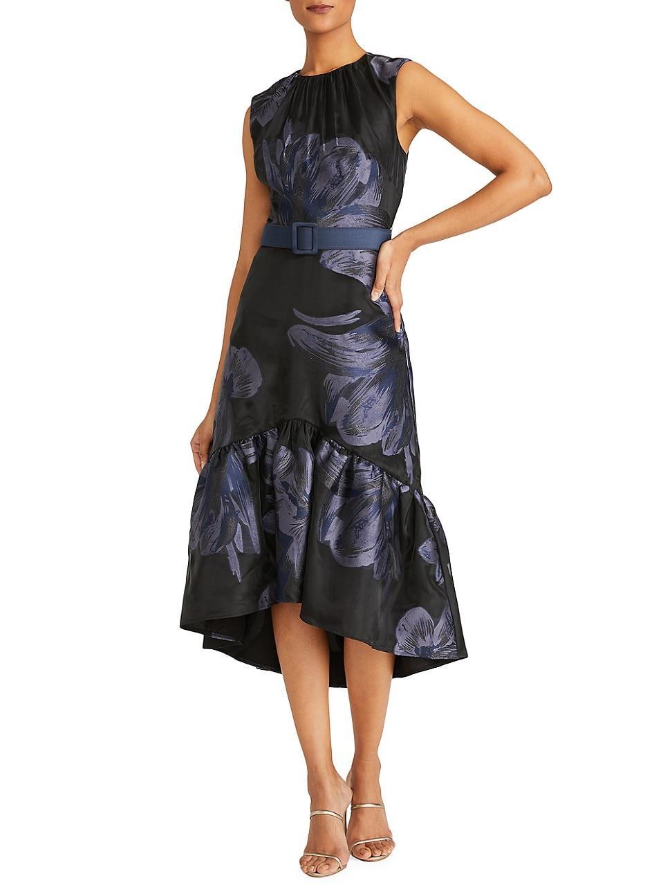 High-Low Belted Floral-Print Midi Dress Product Image