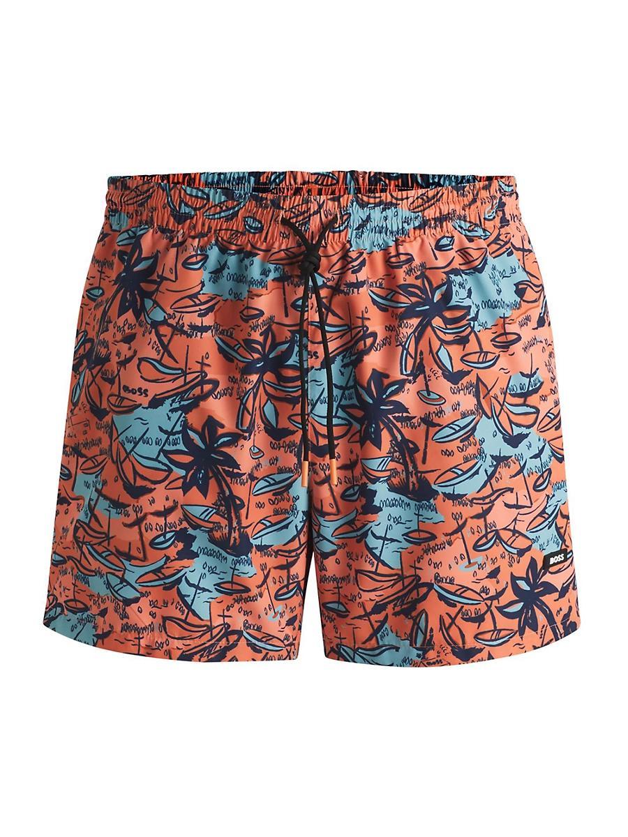 Mens Printed Swim Shorts with Logo Detail Product Image