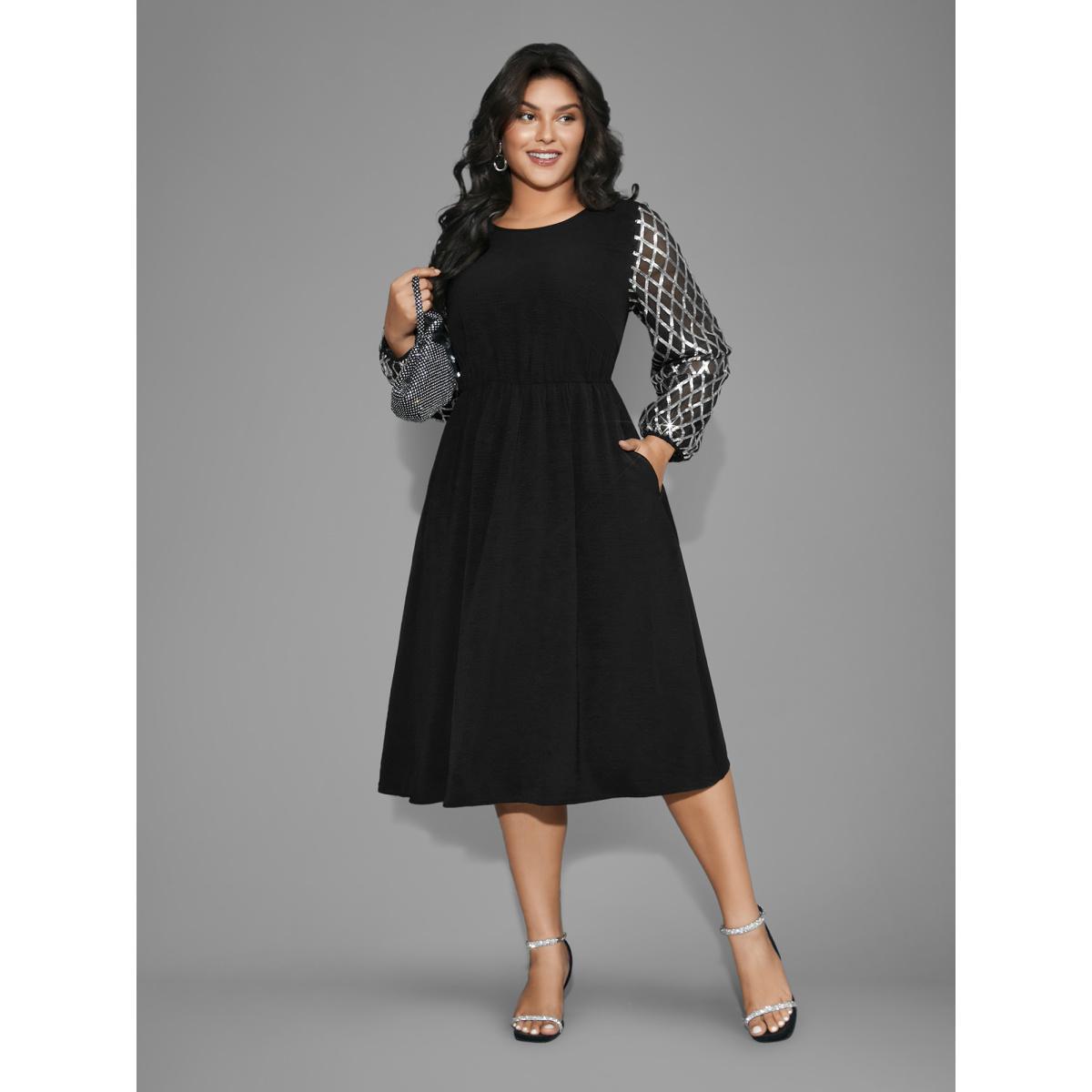 Plus Size Texture Sequin Mesh Patchwork Belted Dress Black Women Cocktail Texture Round Neck Long Sleeve Curvy BloomChic 26/4X Product Image