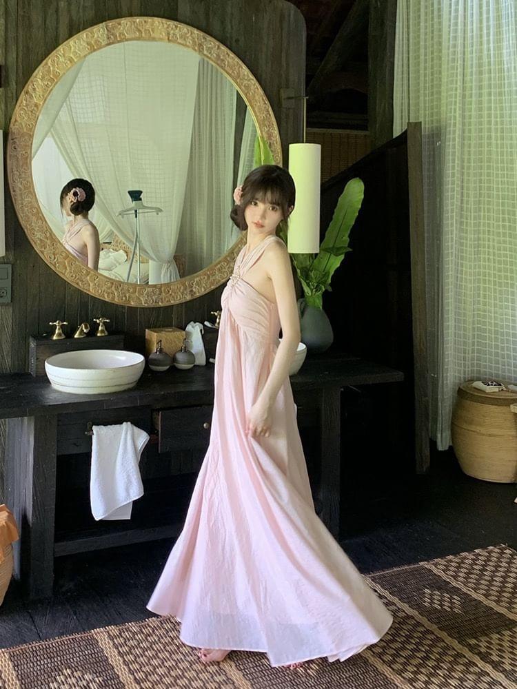 Halter Neck Plain Maxi A-Line Dress Product Image