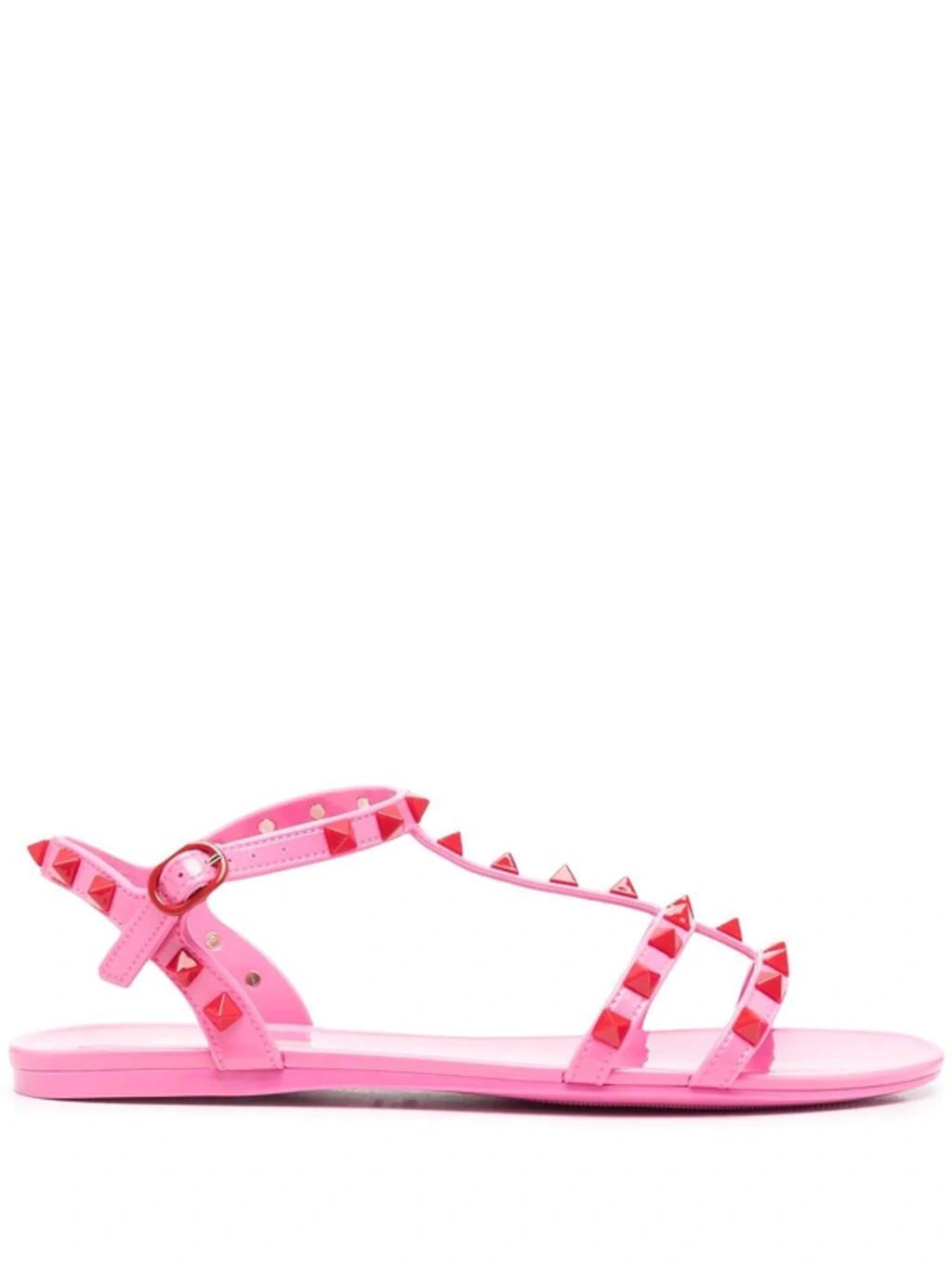 VALENTINO GARAVANI Rockstud-embellished Flat Sandals In Beige Product Image
