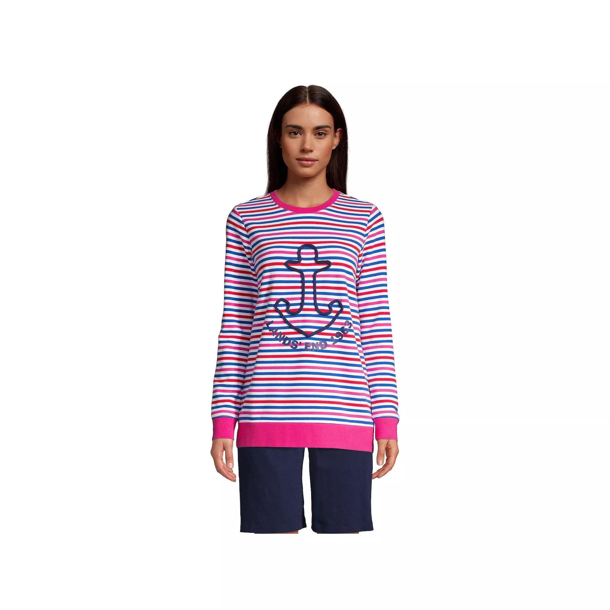 Petite Lands' End Serious Sweats Crewneck Sweatshirt Tunic, Women's, Size: Small Petite, Stripe Anchor Product Image