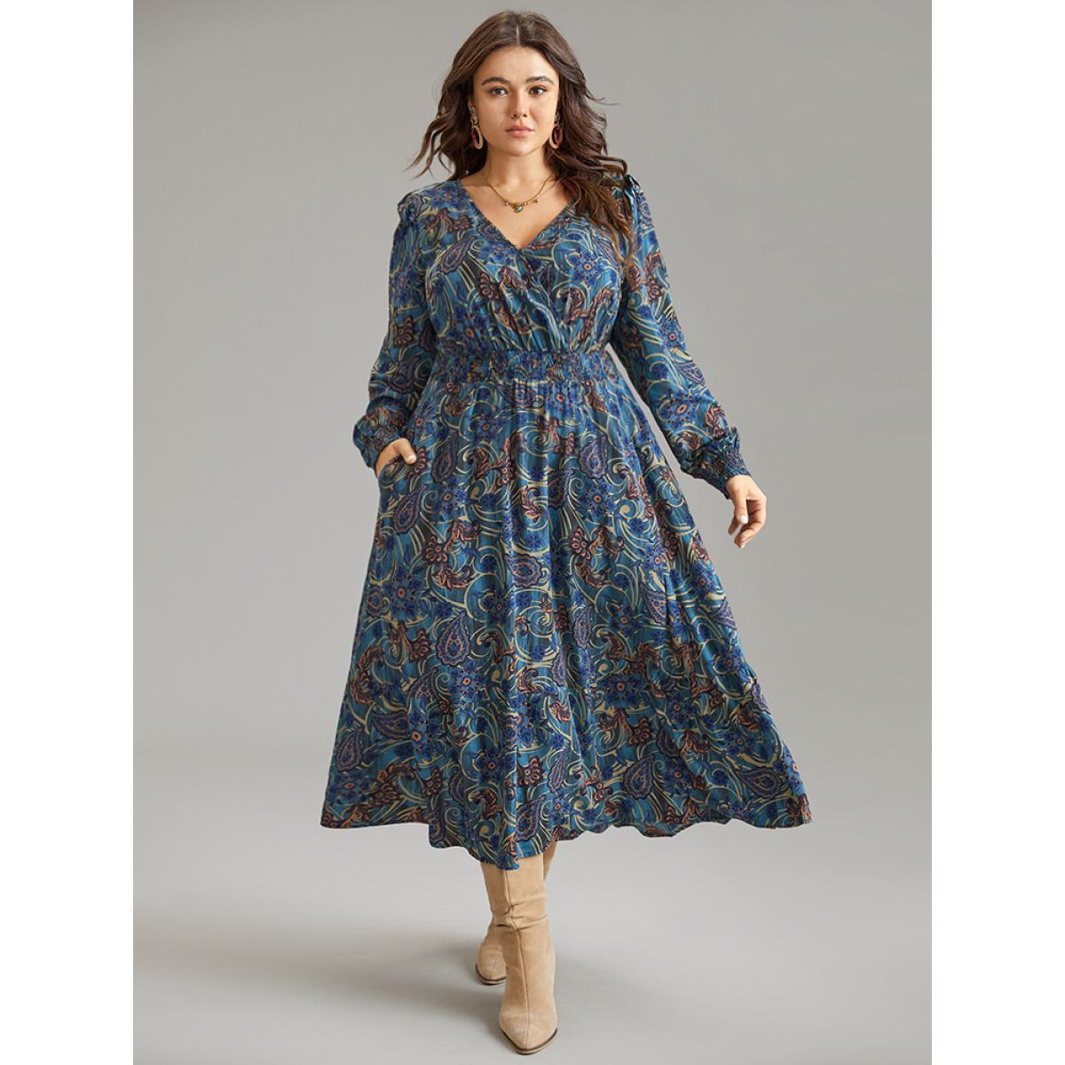 Plus Size Bandana Print Shirred Pocket Frill Trim Dress Aegean Women Vacation Wrap Overlap Collar Long Sleeve Curvy Midi Dress BloomChic 12/L Product Image