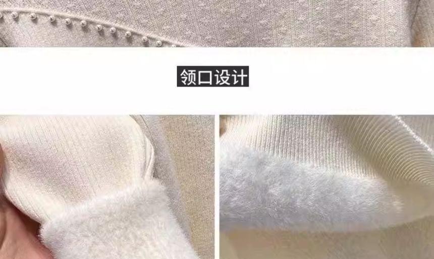 Long Sleeve Mock Neck Plain Beaded Fleece-Lined Knit Top Product Image