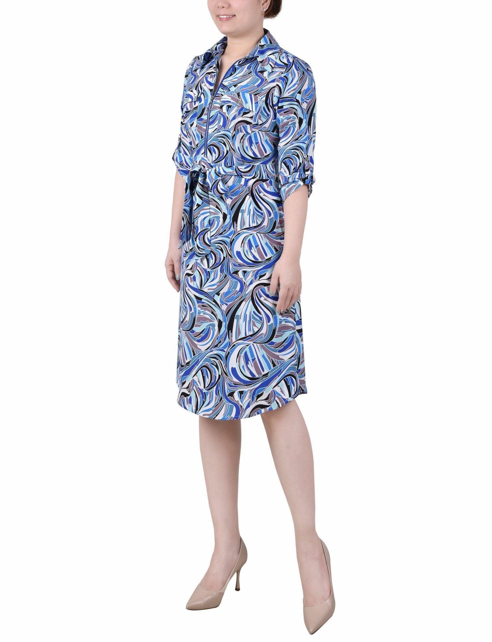 3/4 Length Roll Tab Zip Front Shirtdress - Petite Product Image