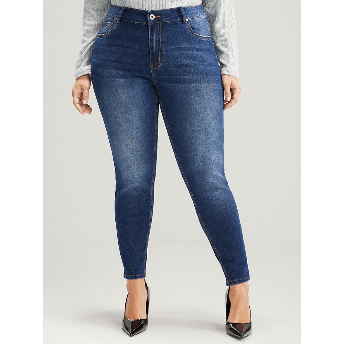 Plus Size Mom Jeans Straight Very Stretchy High Rise Medium Wash Contrast Jeans Women DarkBlue Casual Plain High stretch Slanted pocket Jeans BloomChic 20/2X Product Image