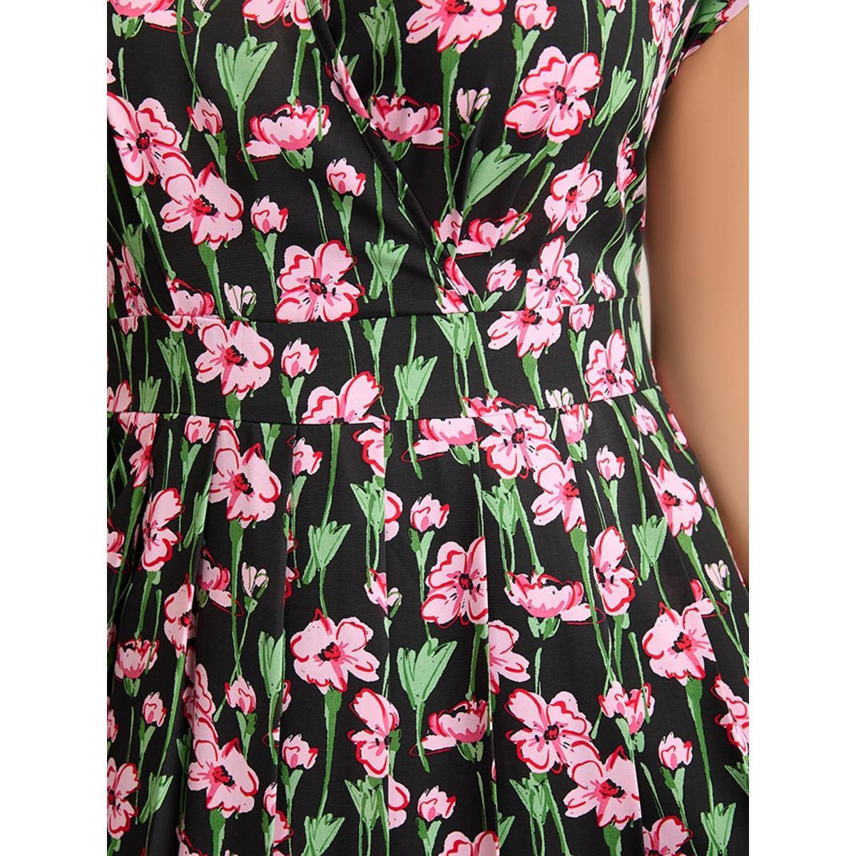 Plus Size Floral Print Shirred Pleated Midi Dress BlackFlower Women Overlap Collar Cap Sleeve Curvy BloomChic 26/4X Product Image