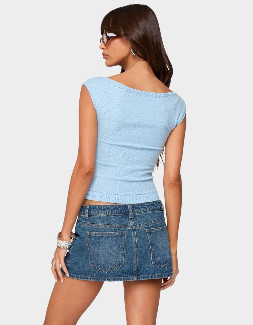 EDIKTED Jarah Pointelle Knit Boat Neck Top - LIGHT BLUE Product Image