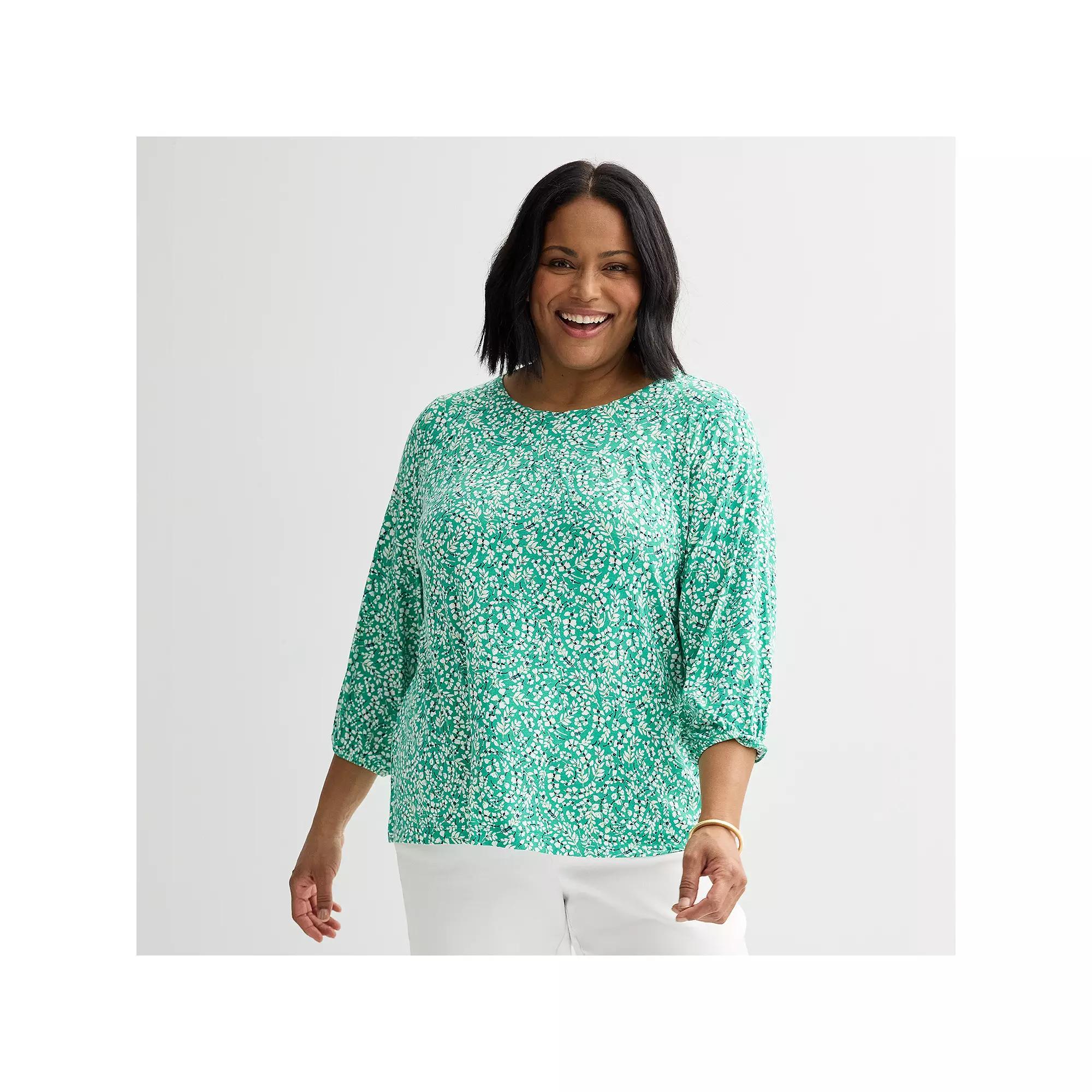 Plus Size Croft & Barrow® 3/4-Sleeve Pleated Top, Women's, Size: 2XL, Green White Floral Product Image