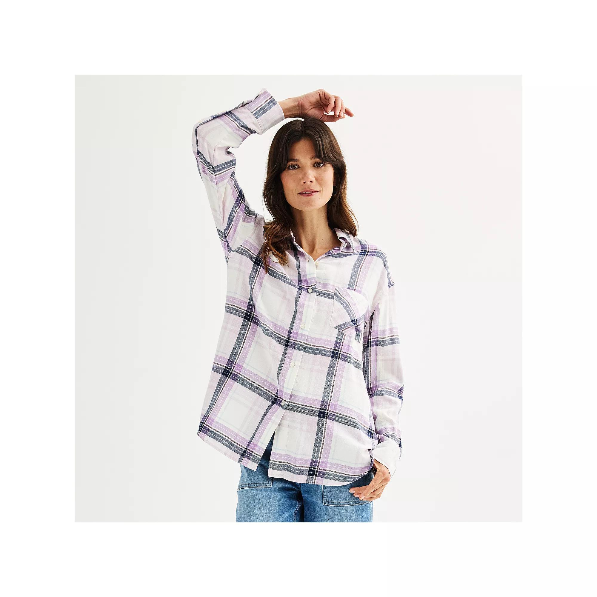 Petite Sonoma Goods For Life® Oversized Boyfriend Flannel, Women's, Size: Large Petite, Dark Purple Plaid Product Image