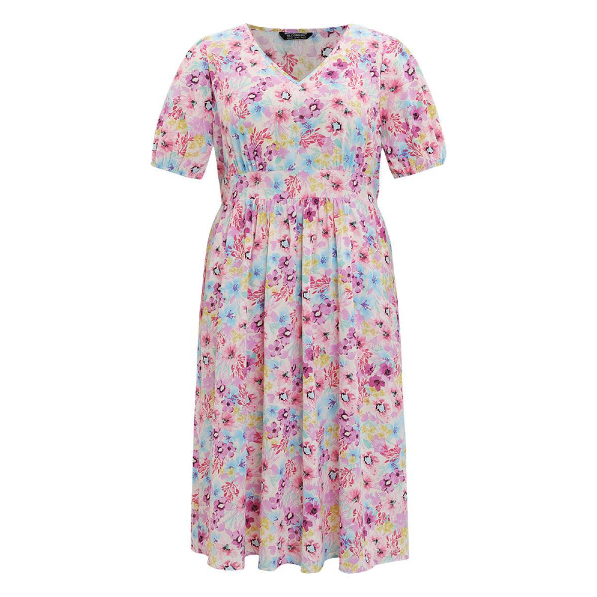 Plus Size Floral Print V Neck Gathered Puff Sleeve Dress Multicolor Women Elegant Elastic cuffs V-neck Short sleeve Curvy Midi Dress BloomChic 10/M Product Image
