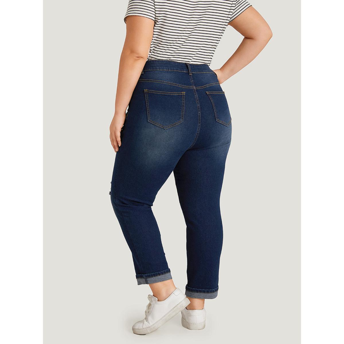Plus Size Ripped Roll Hem Pocket Very Stretchy Jeans Women Indigo Casual Plain Plain High stretch Jeans BloomChic 26/4X Product Image