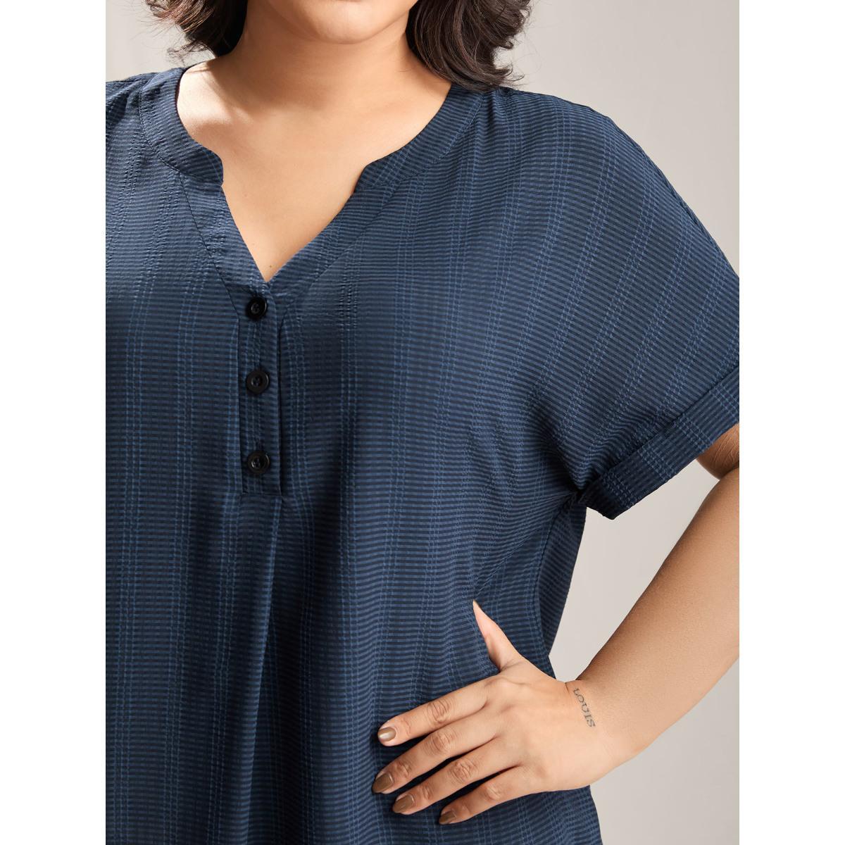 Plus Size Indigo Textured Half Placket Split Neck Shirt Women Short sleeve Flat collar with V-notch Work Blouses BloomChic 14-16/1X Product Image