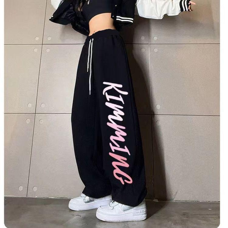 Drawstring Waist Lettering Wide Leg Sweatpants Product Image