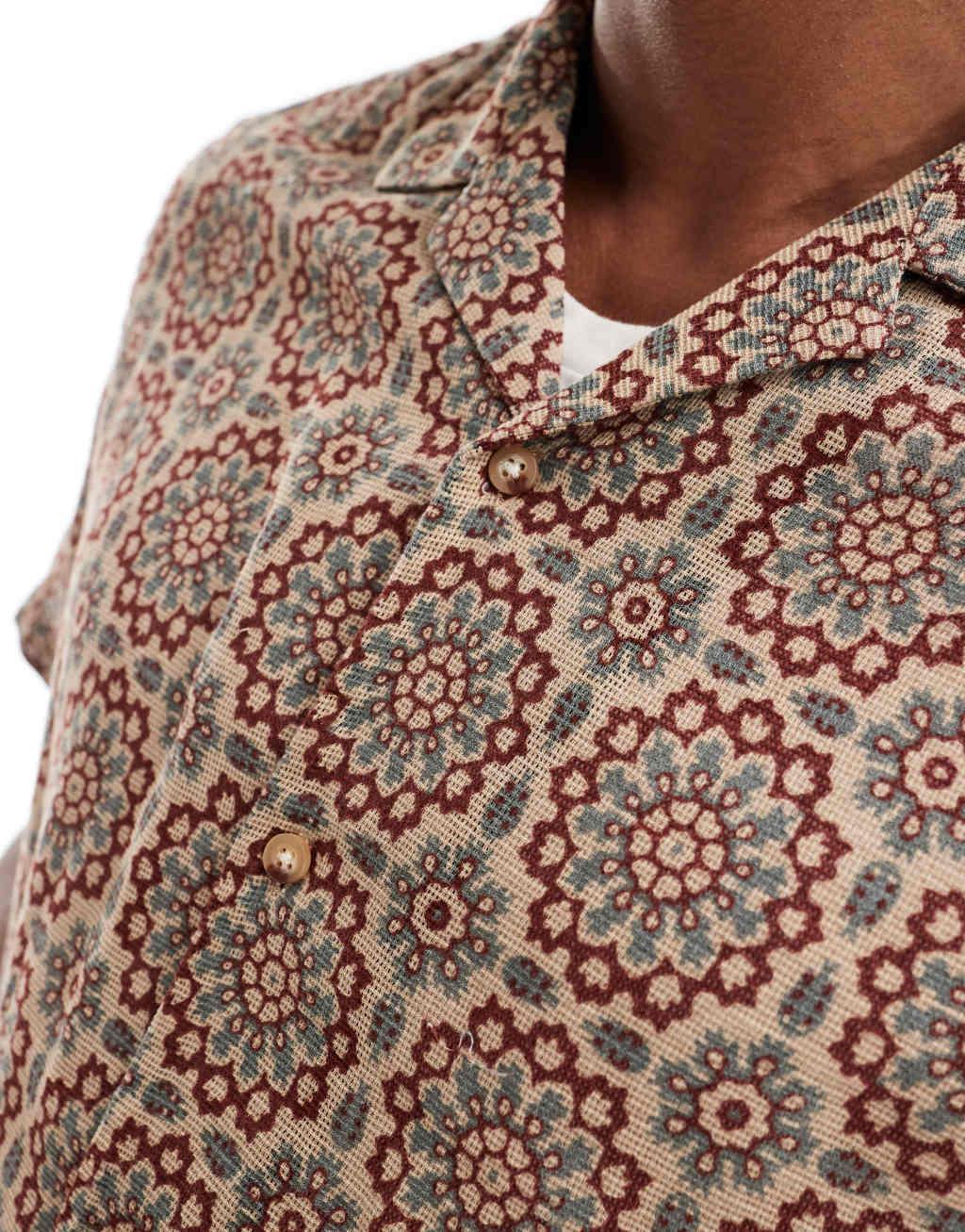 ASOS DESIGN relaxed camp collar textured shirt in geo print  Product Image