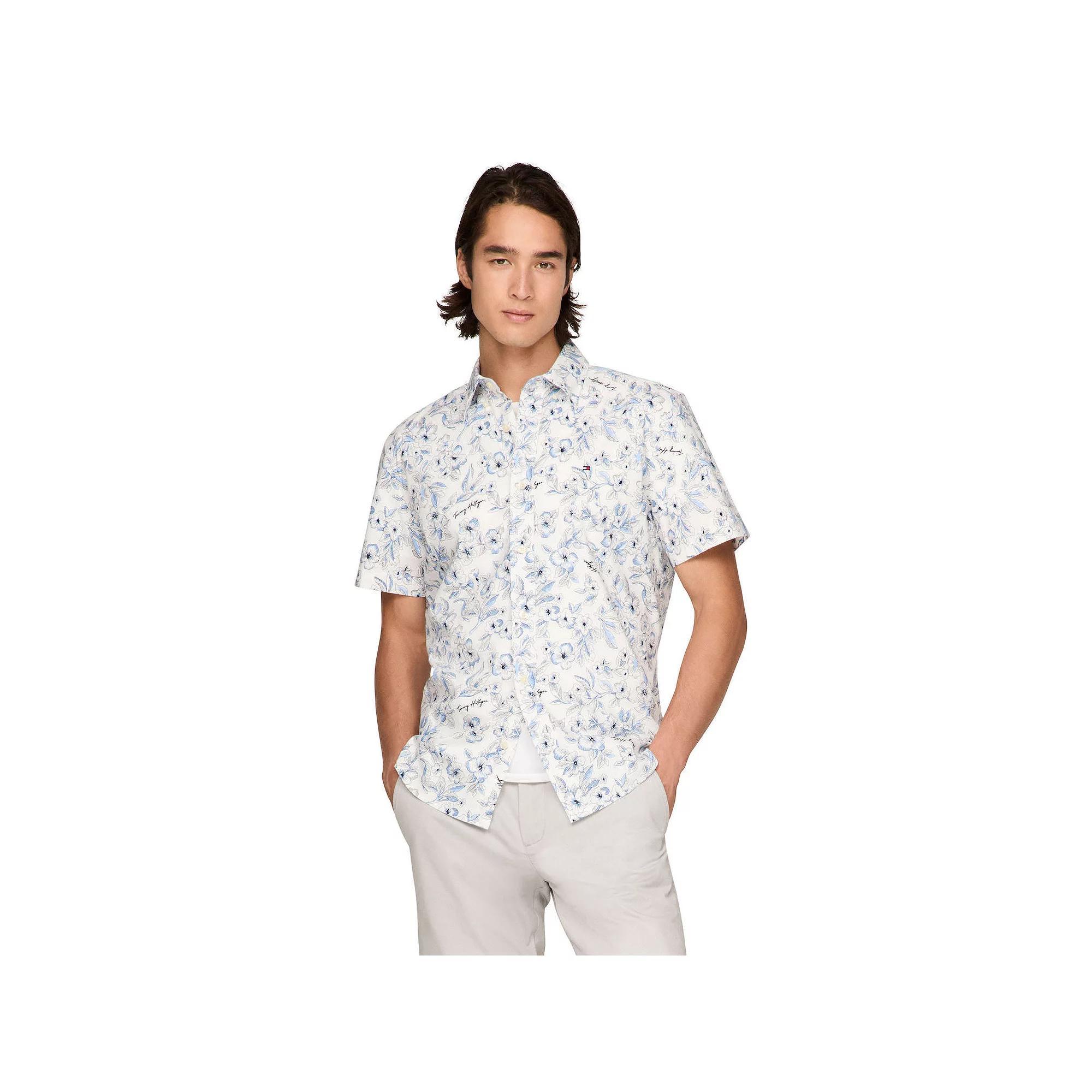 Men's Tommy Hilfiger Short Sleeve Printed Shirt, Size: Medium, Surf Blue Product Image