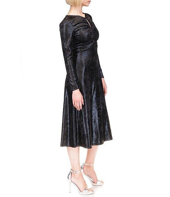 Michael Kors Foil-Printed Velvet Keyhole Crew Neck Long Sleeve Ruched A-Line Midi Dress Product Image