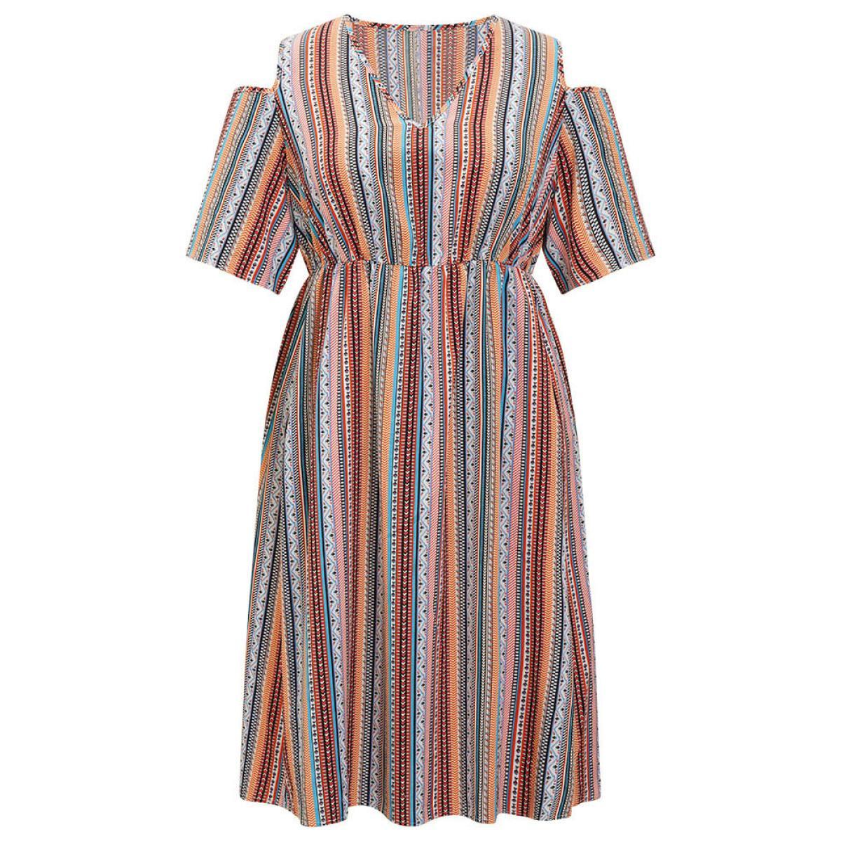 Plus Size Rainbow Striped Pocket Cold Shoulder Dress Multicolor Women Vacation V-neck Short sleeve Curvy Midi Dress BloomChic 14-16/1X Product Image