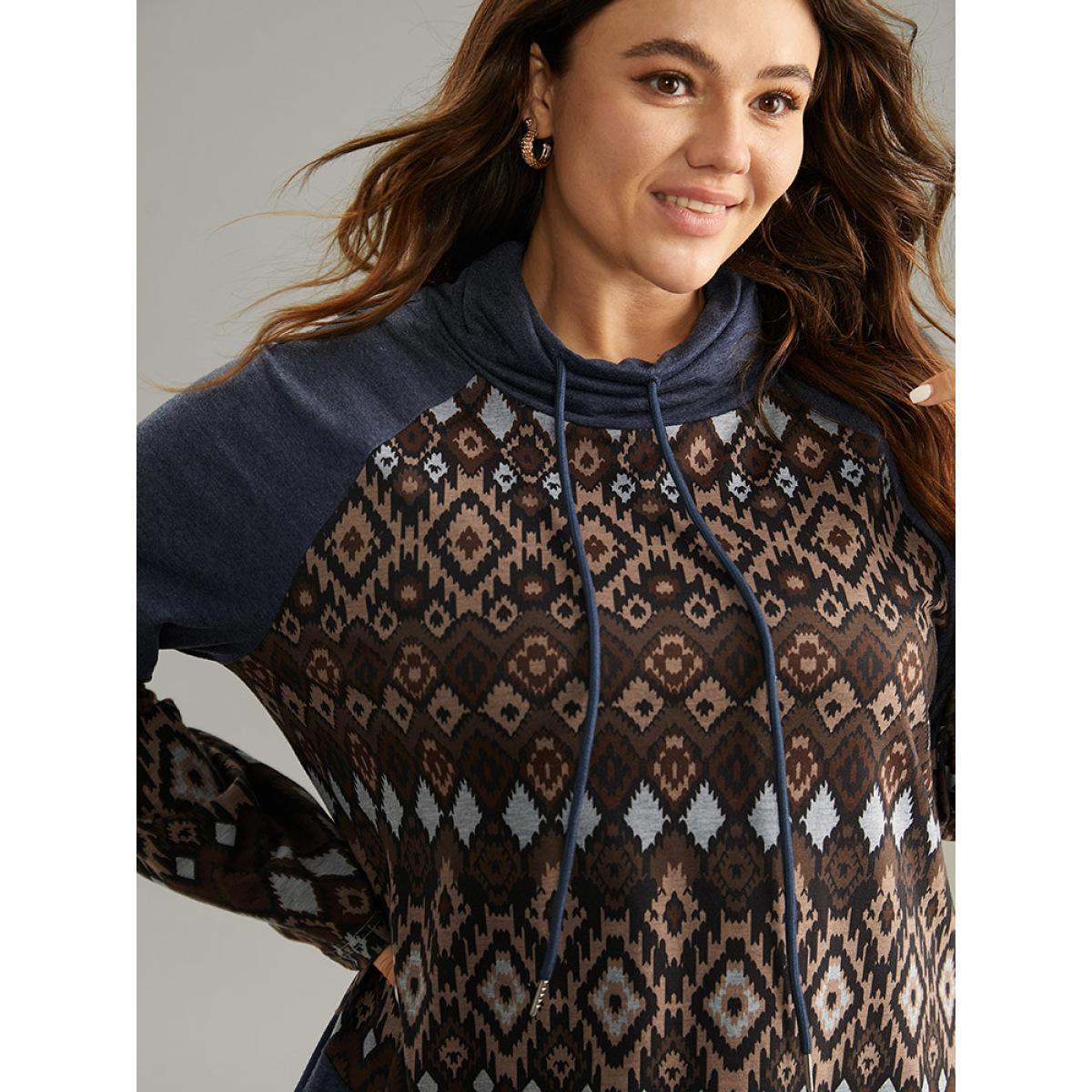 Plus Size Bandana Patchwork Mock Neck Raglan Sleeve Sweatshirt Women Indigo Casual Contrast Mock Neck Dailywear Sweatshirts BloomChic 22-24/3X Product Image