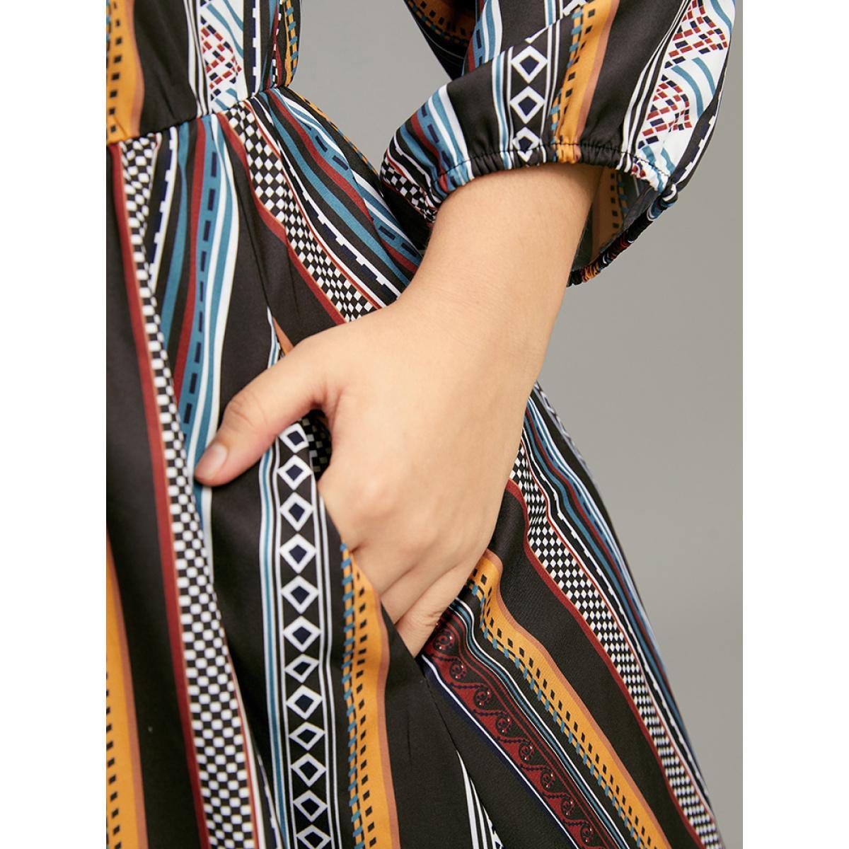 Plus Size Bandana Print Notched Ruffle Layered Hem Dress Black Women Resort Elastic cuffs Notched collar Long Sleeve Curvy Midi Dress BloomChic 12/L Product Image