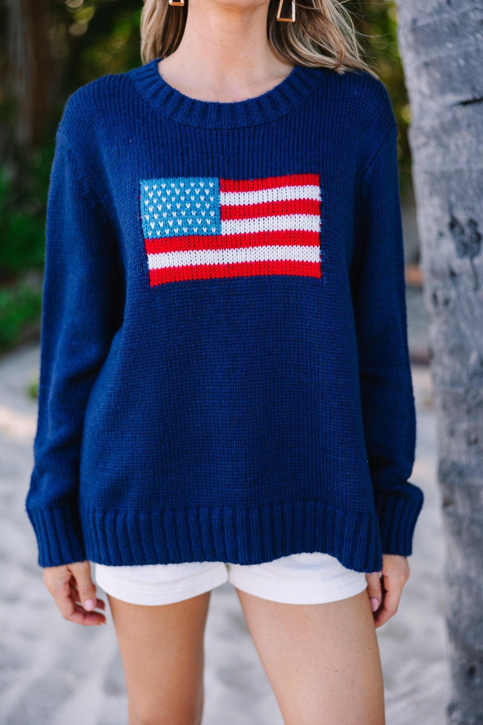 A True Patriot Navy American Flag Sweater Female Product Image