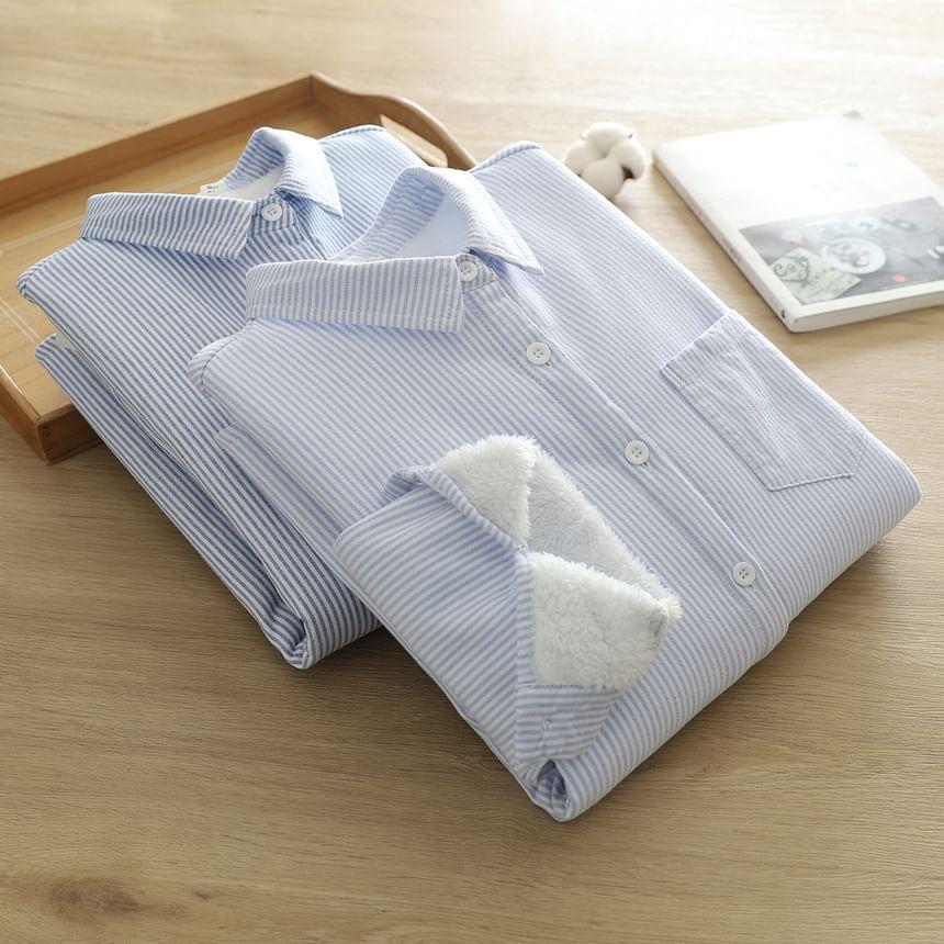Striped Fleece-Lined Button-Up Shirt Product Image