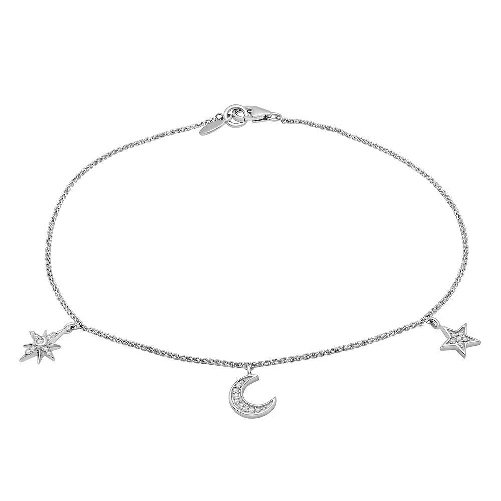 Sterling Silver 1/10 Carat T.W. Diamond Moon & Stars Anklet, Women's, Size: 10" Product Image