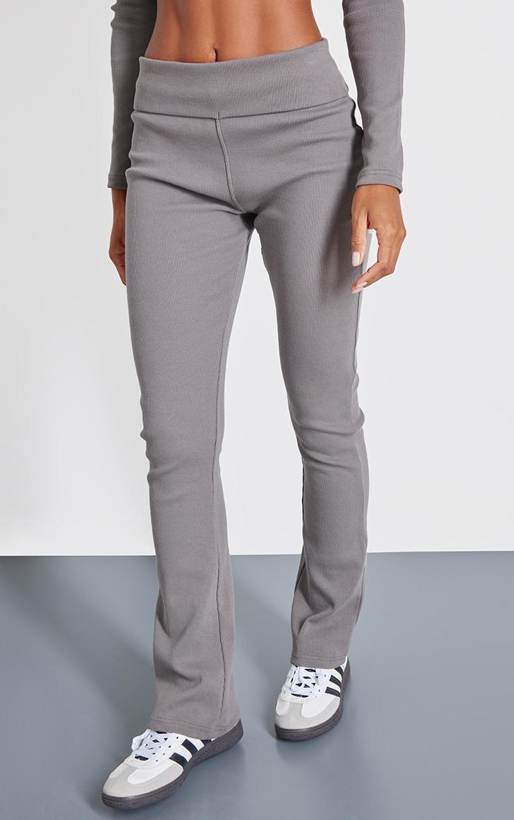 Charcoal Rib Fold Over Waist Flared Pants Product Image