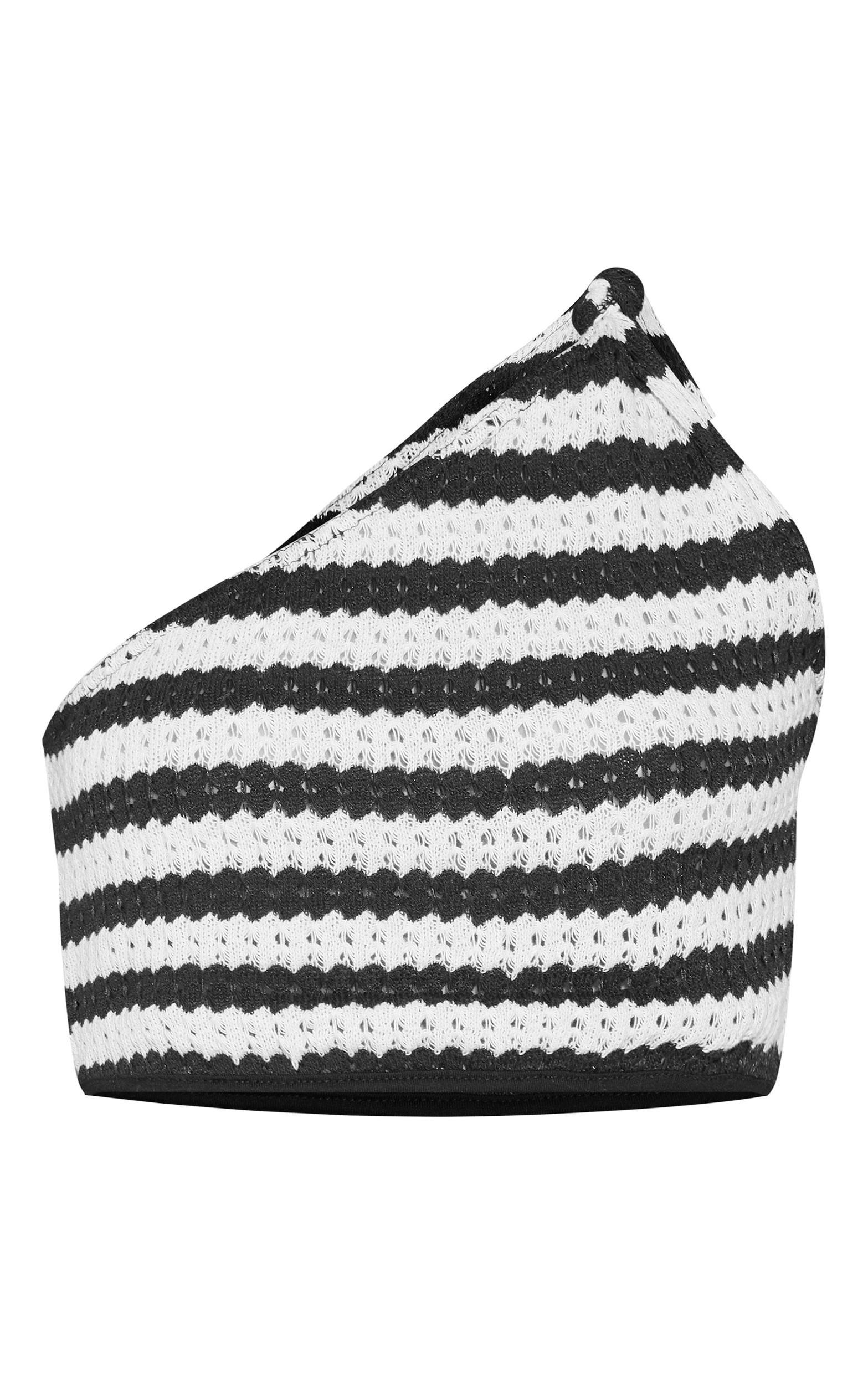  Monochrome Striped Knot One Shoulder Crop Top Product Image