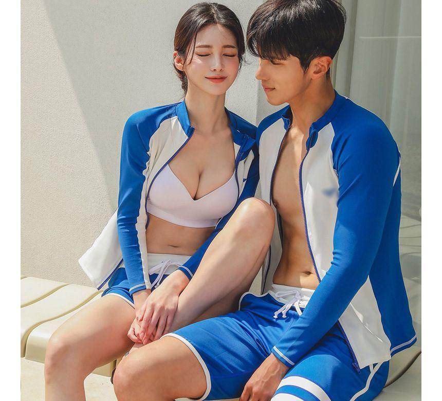 Couple Matching Set: Raglan-Sleeve Zip Swim Top + Shorts (Various Designs) Product Image