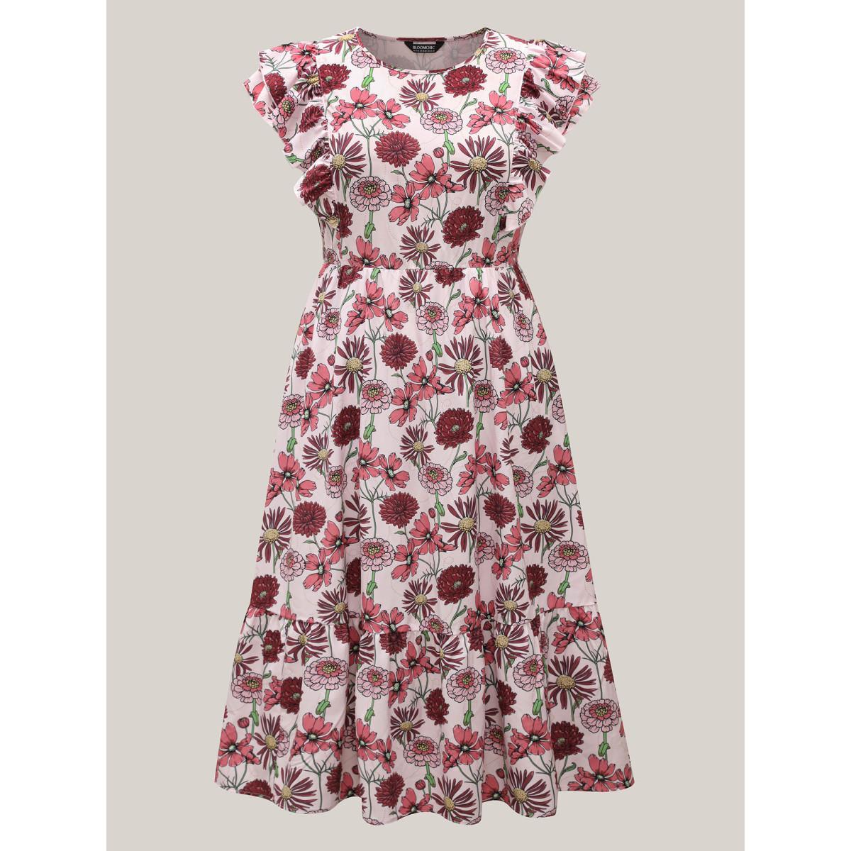 Plus Size Ruffled Floral Print Stretchy-Waist Midi Dress Multicolor Women Elegant Ruffles Round Neck Cap Sleeve Curvy BloomChic 10/M Product Image