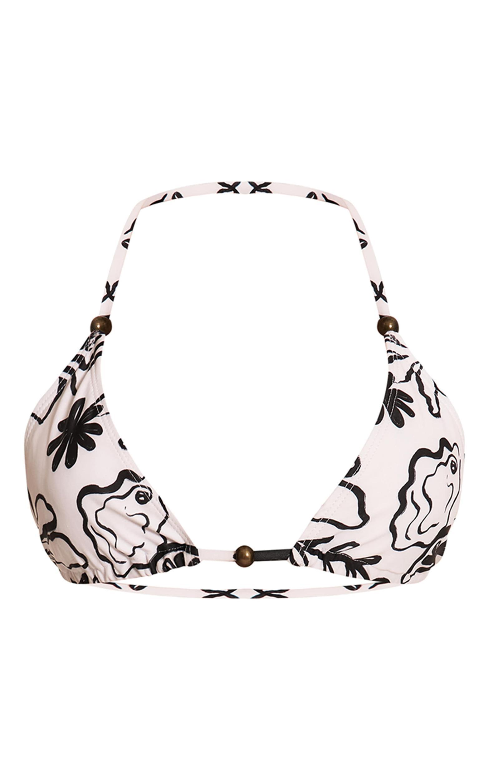 White Monochrome Floral Bead Detail Triangle Bikini Top Product Image