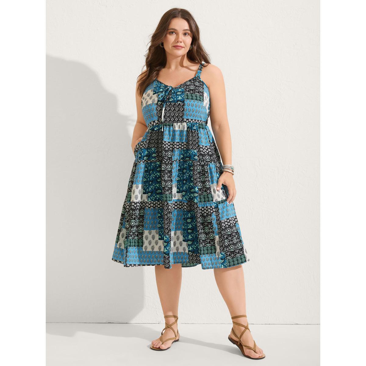 Plus Size Boho Floral Collage Stretchy Waist Midi Dress Multicolor Women Tie knot Non Sleeveless Curvy BloomChic 12/L Product Image