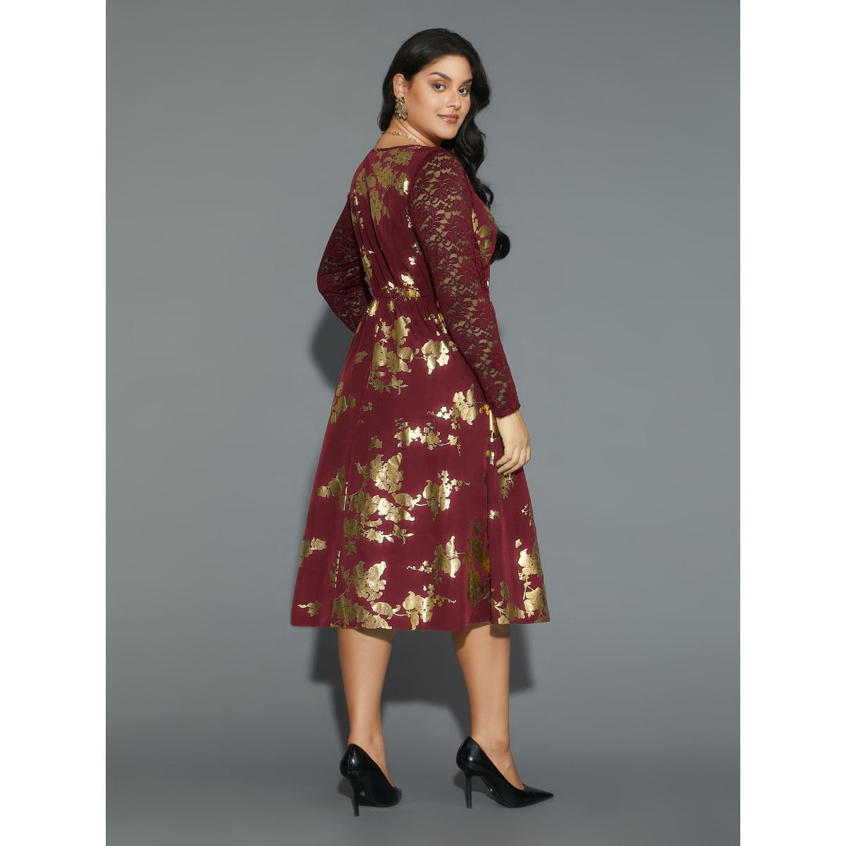 Plus Size Glitter Floral Crochet Lace Mesh Dress Burgundy Women Cocktail Woven ribbon&lace trim Party Curvy Bloomchic 12/L Product Image