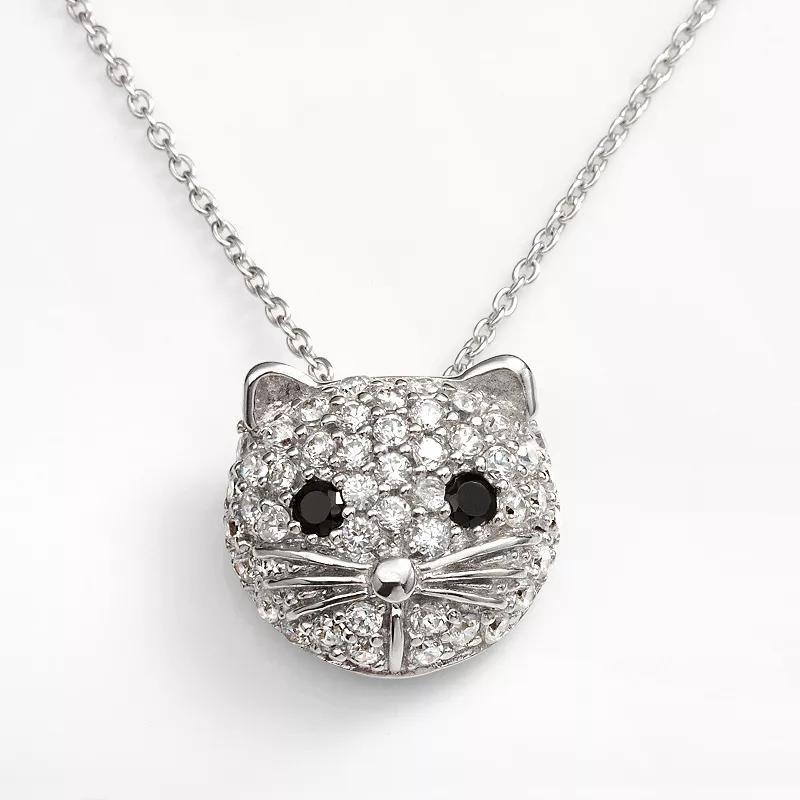 Sophie Miller Sterling Silver Black & White Cubic Zirconia Cat Pendant, Women's, Size: 18" Product Image