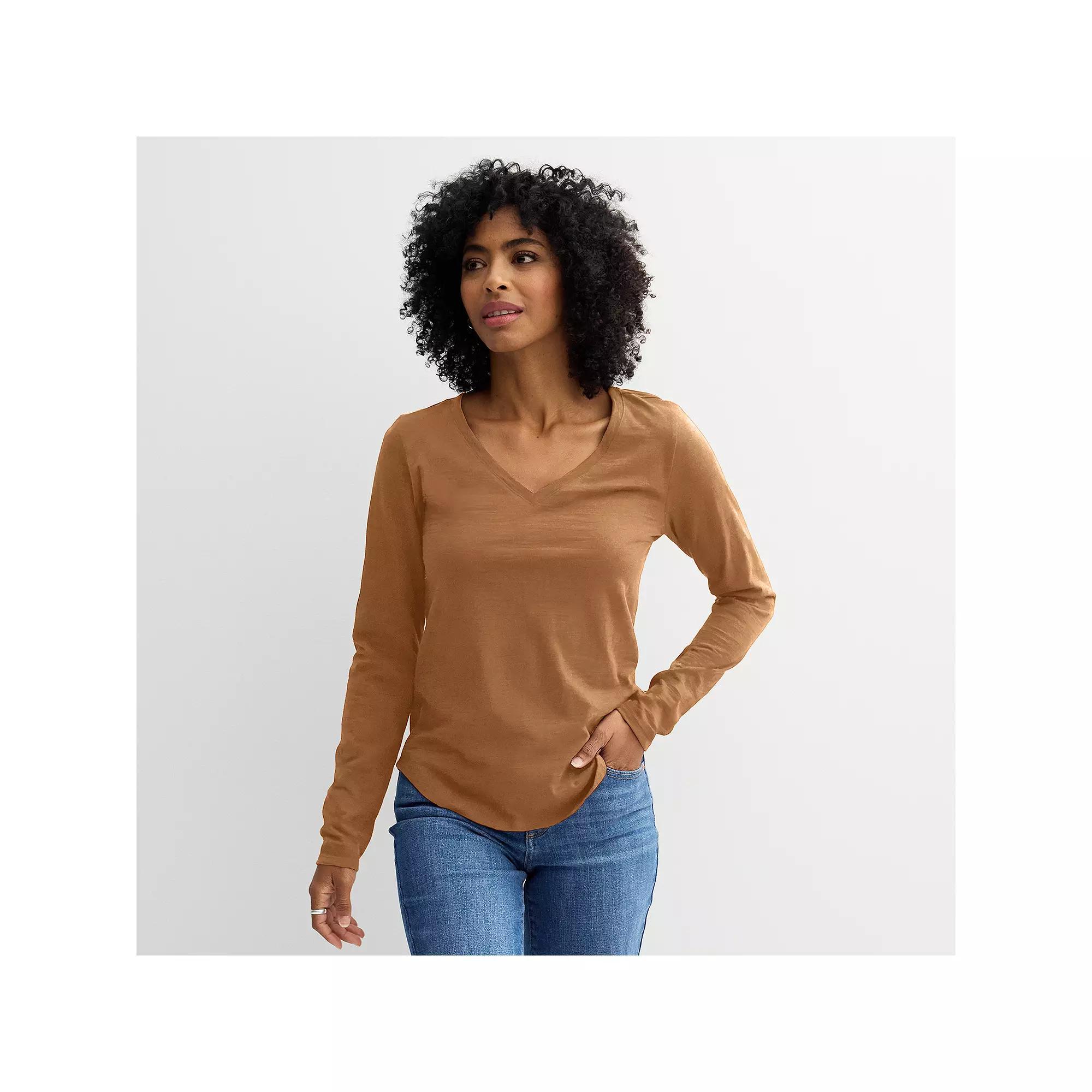 Women's Sonoma Goods For Life® Everyday Long Sleeve V-Neck Tee, Size: Medium, Tosa Brown Product Image