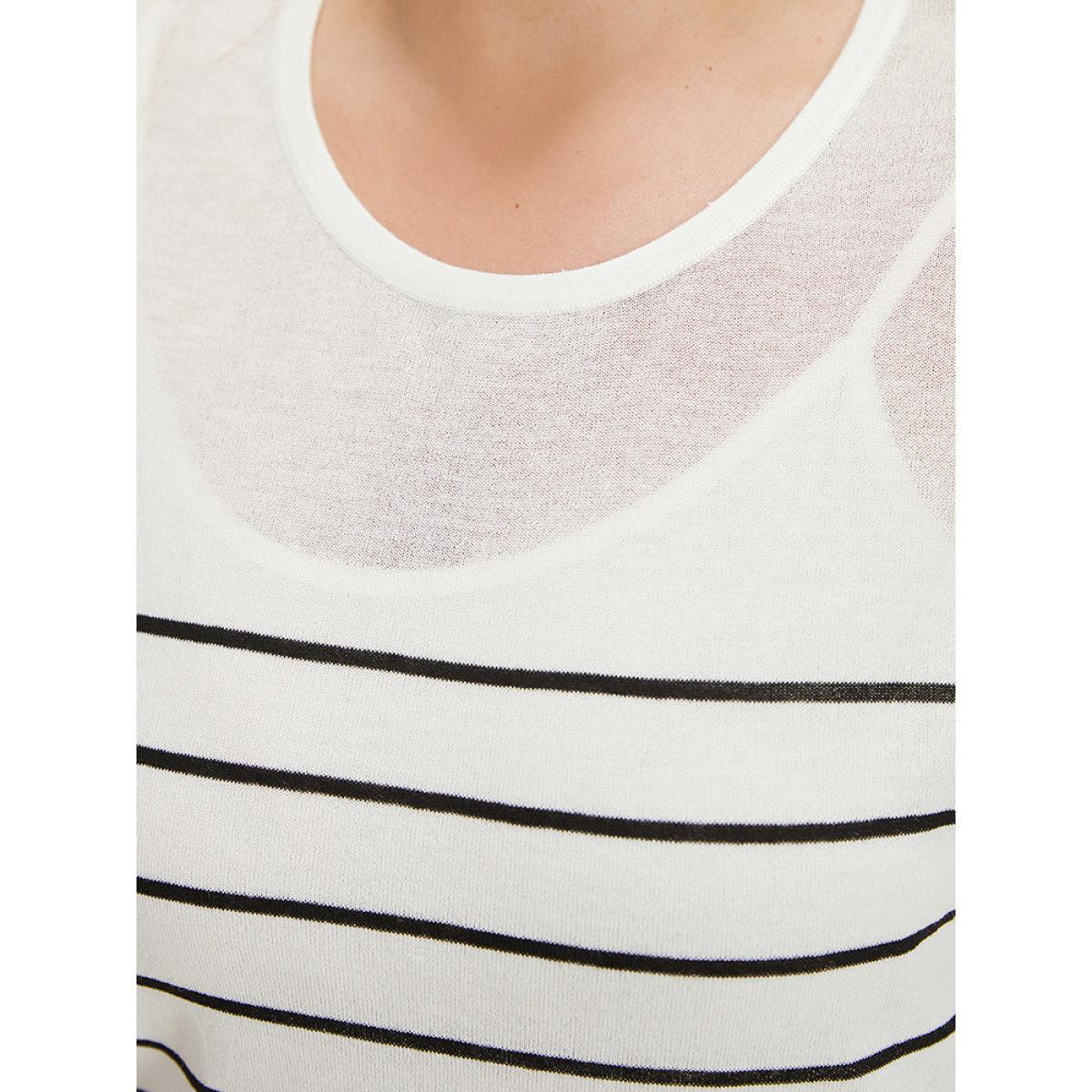 Plus Size Striped Split Side Lightweight Elastic Cuffs Pullover White Women Casual Loose Long Sleeve Round Neck Everyday Pullovers BloomChic 26/4X Product Image