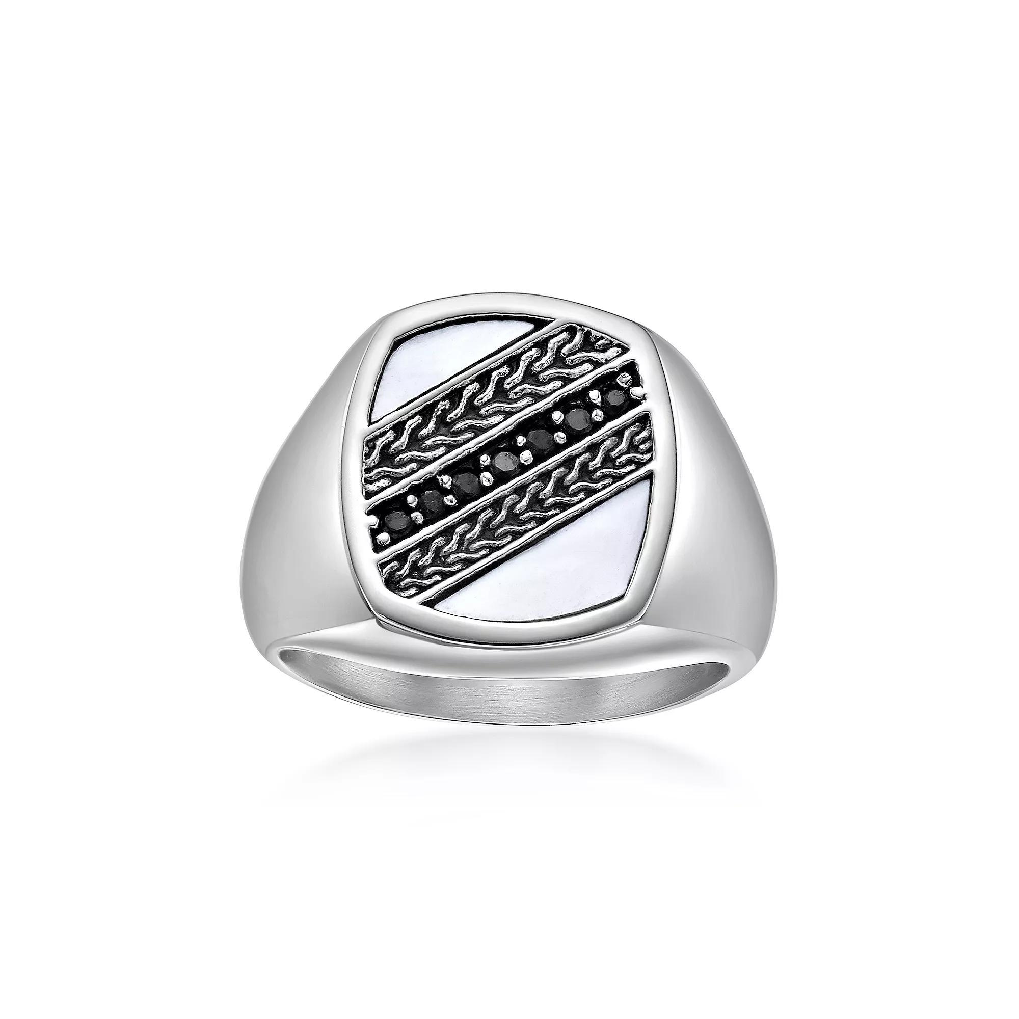 Men's LYNX Stainless Steel Mother of Pearl & Spinel Signet Ring, Size: 11 Product Image