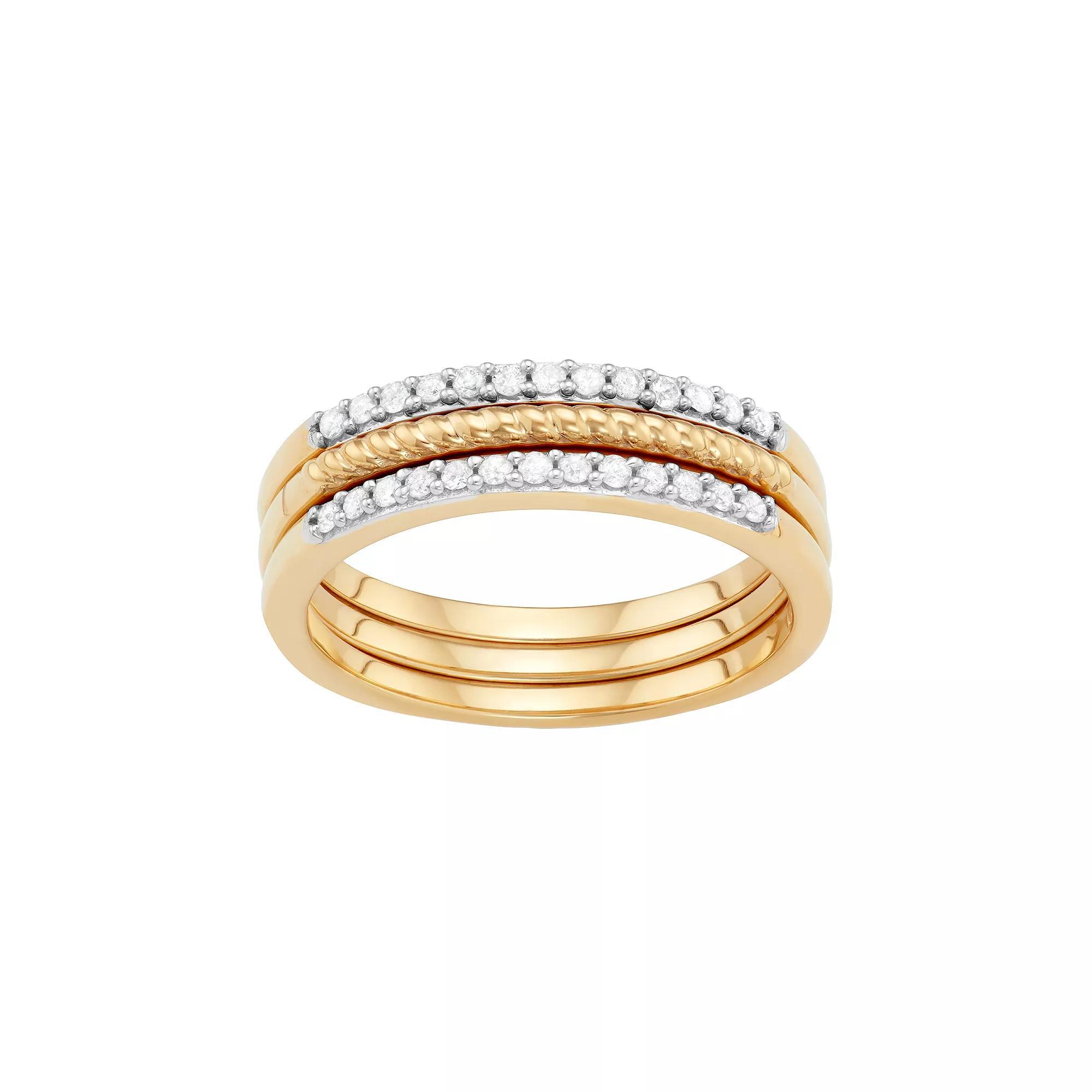 Jewelexcess Sterling Silver 1/4 Carat T.W. Diamond Textured Stack Ring Set, Women's, Size: 6, Gold Tone Product Image