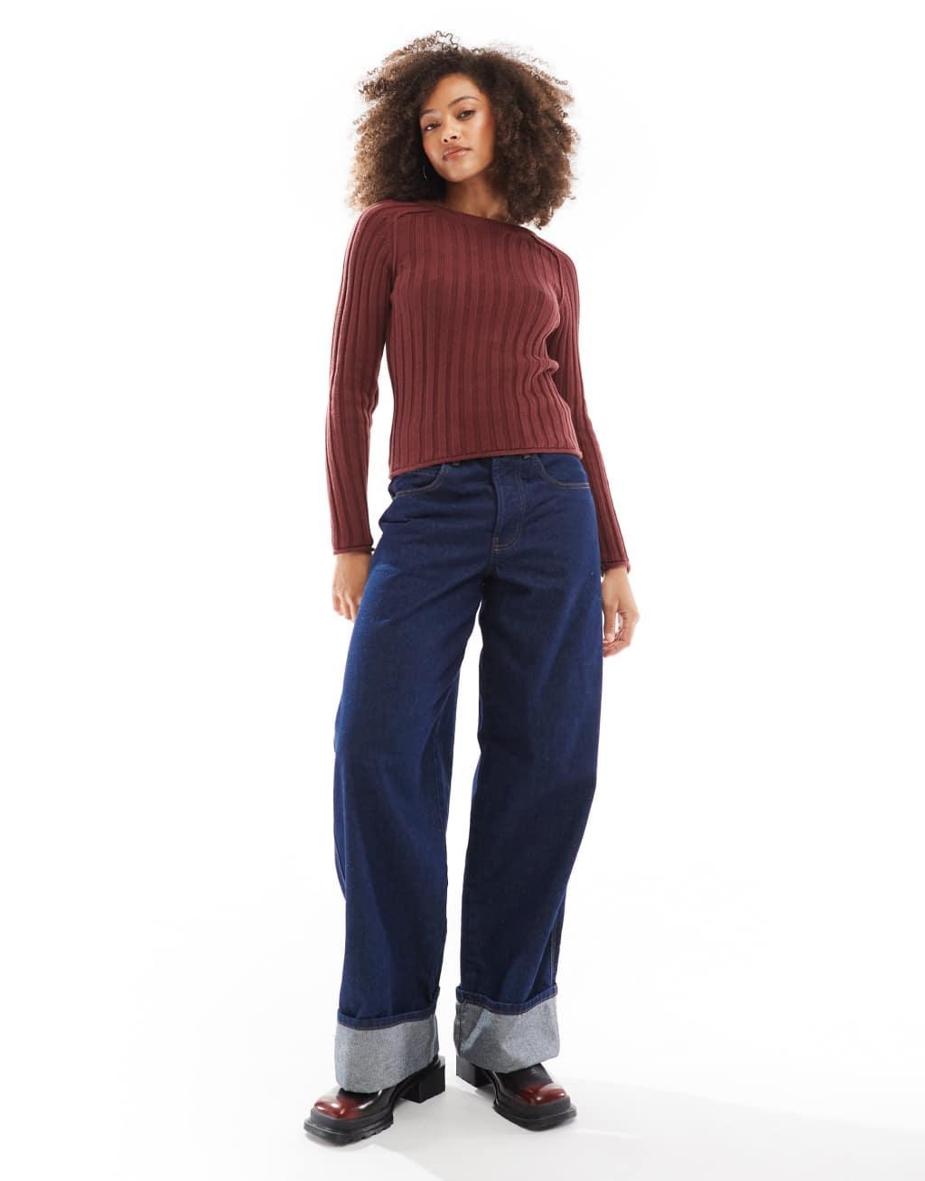 Pull&Bear ribbed knit sweater in burgundy Product Image