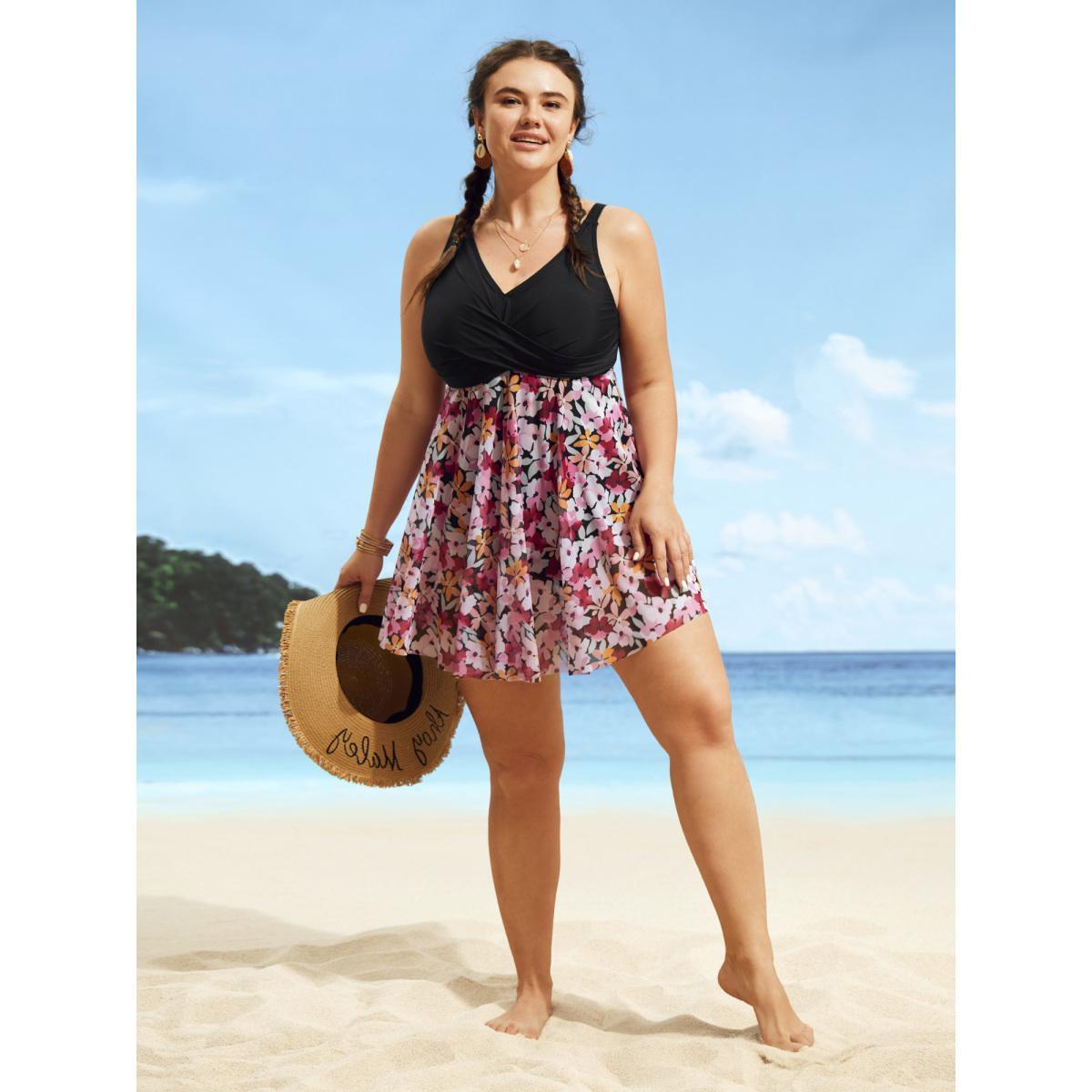 Plus Size Floral Patchwork Mesh Crossover Swim Dress Women's Swimwear Black Beach Bodycon V-neck High stretch Curve Swim Dresses BloomChic 10/M Product Image