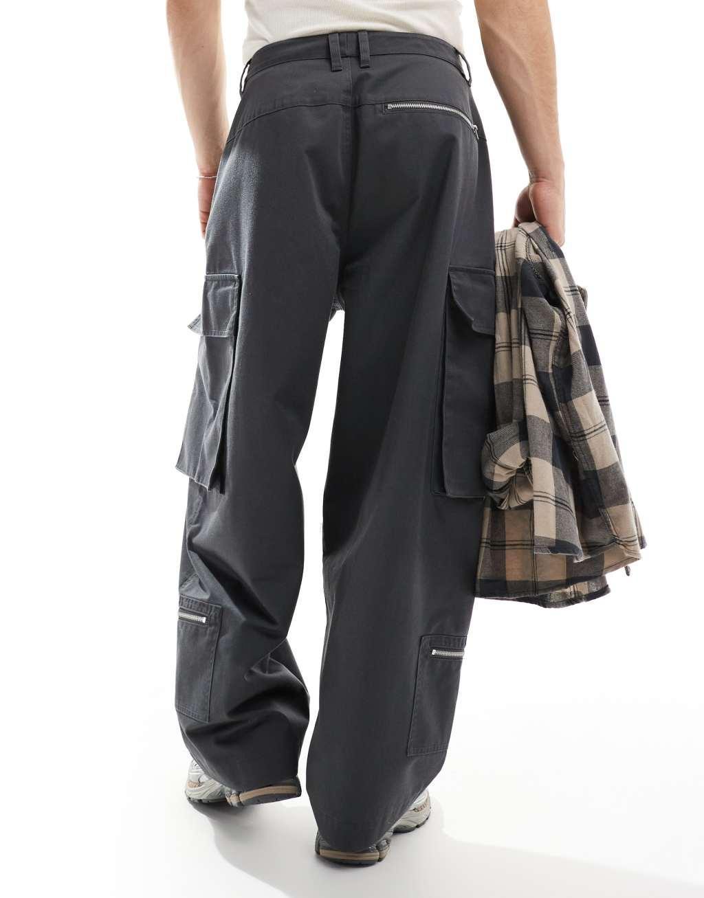 ASOS DESIGN oversized baggy cargo pants with zip details in charcoal Product Image