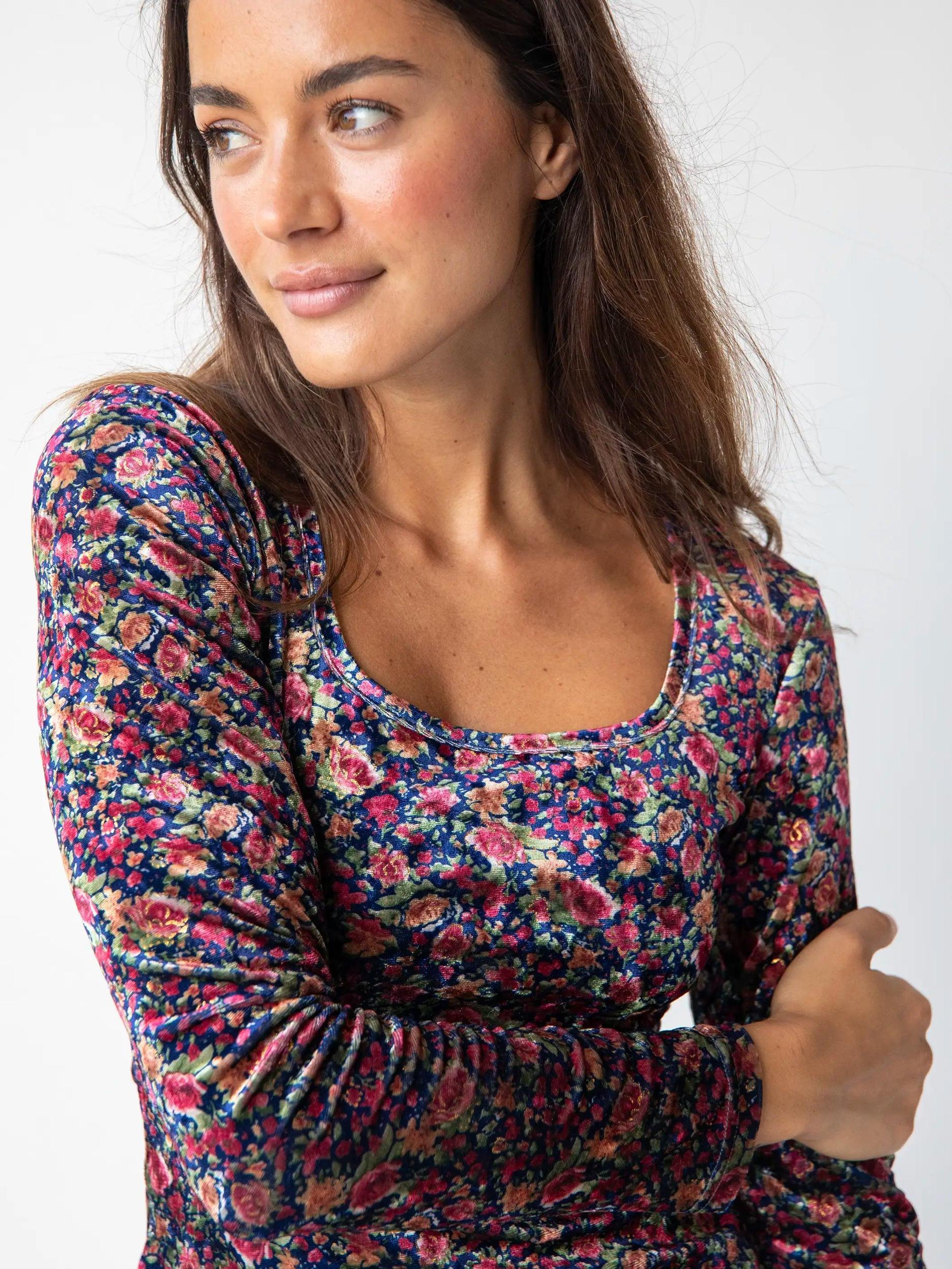 Danielle Square Neck Velvet Top - Navy Pink Roses Product Image