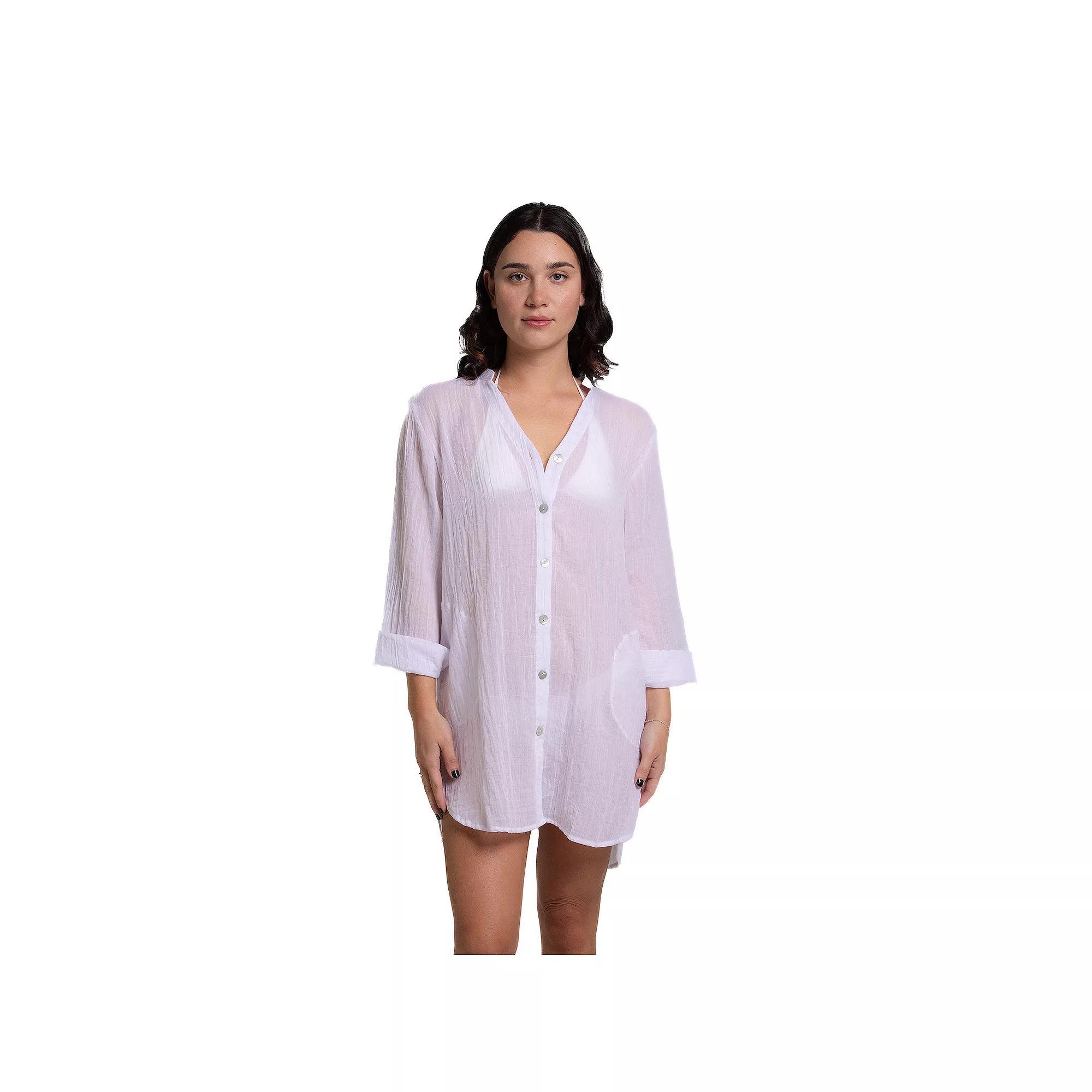 Women's Portocruz Oversized Button-Front Shirt Swim Cover Up, Size: Medium, White Product Image