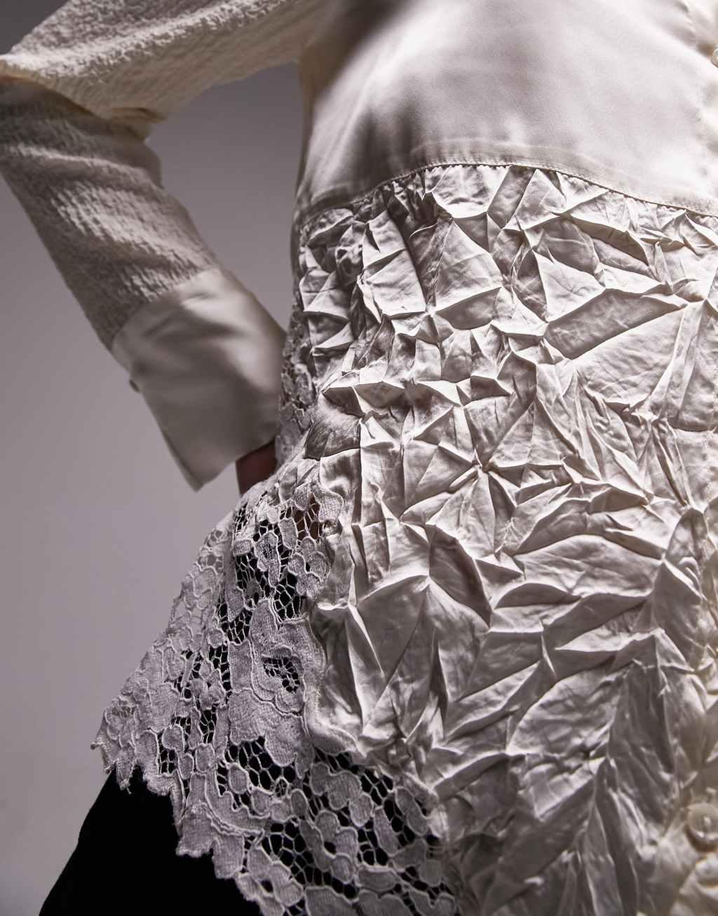 Topshop crinkle satin lace patchwork shirt Product Image