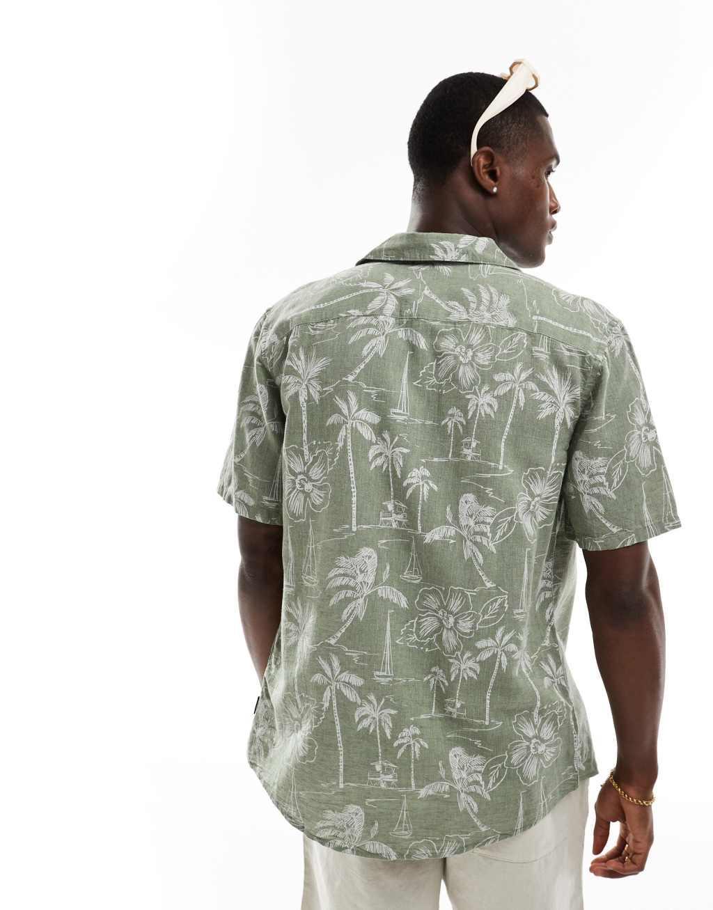 ONLY & SONS revere collar linen mix shirt in sage Hawaiian print Product Image